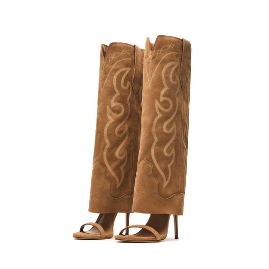 Tan Faux Suede Open Round-Toe Fold-Over Embroidery Wide Calf Knee High Stiletto Boots.