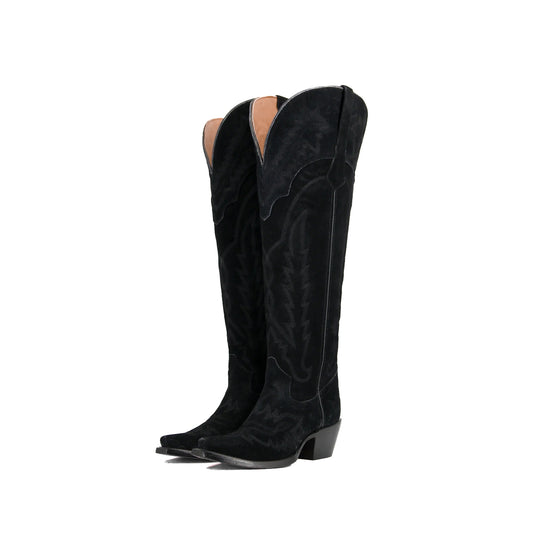 Black Faux Suede Snip-Toe Embroidery Half-Zip Knee High Cowgirl Boots
