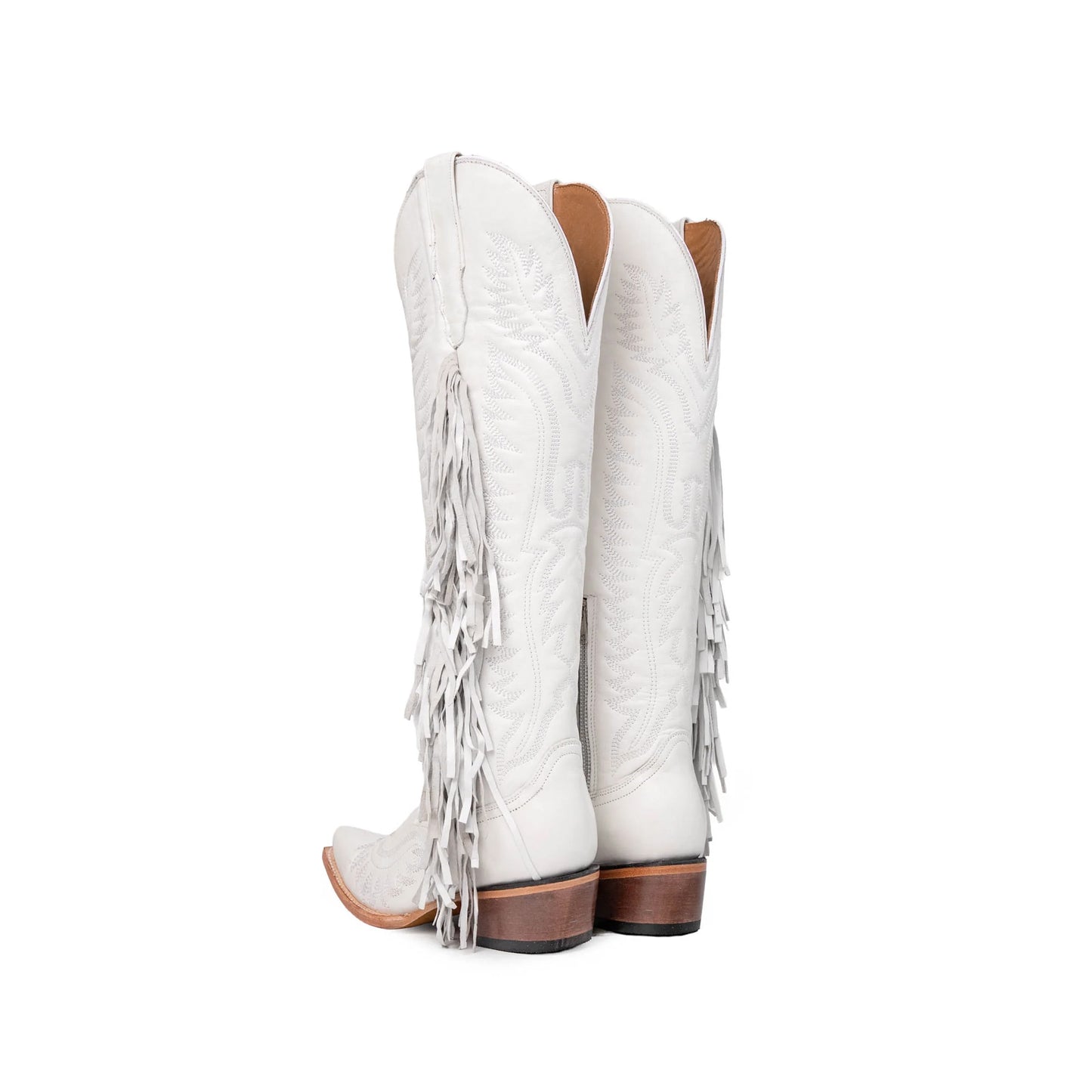 White Snip-Toe Embroidery Side Fringe Half-Zip Knee High Cowgirl Boots