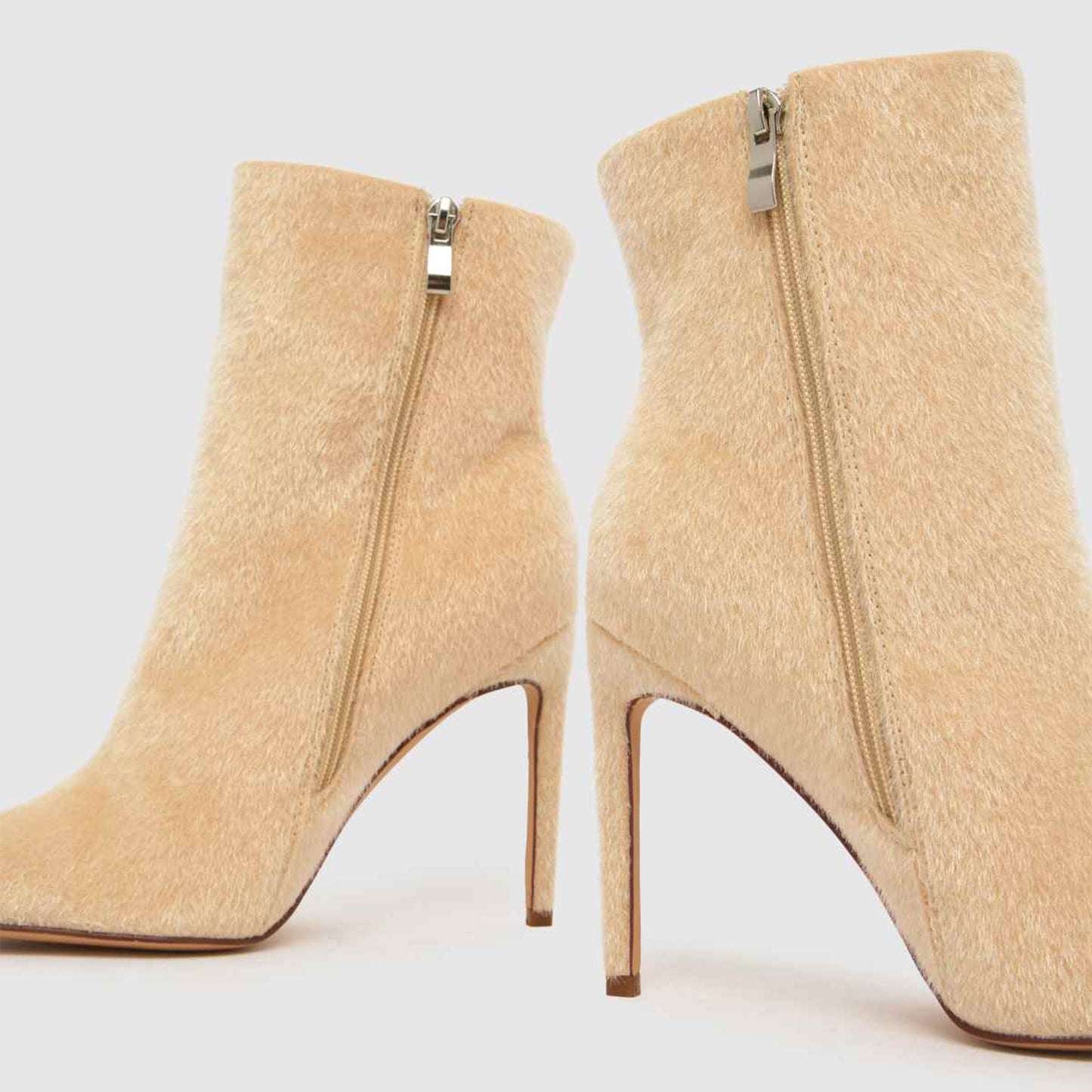 Beige Pony Hair Pointed-Toe Full-Zip Ankle Stiletto Boots