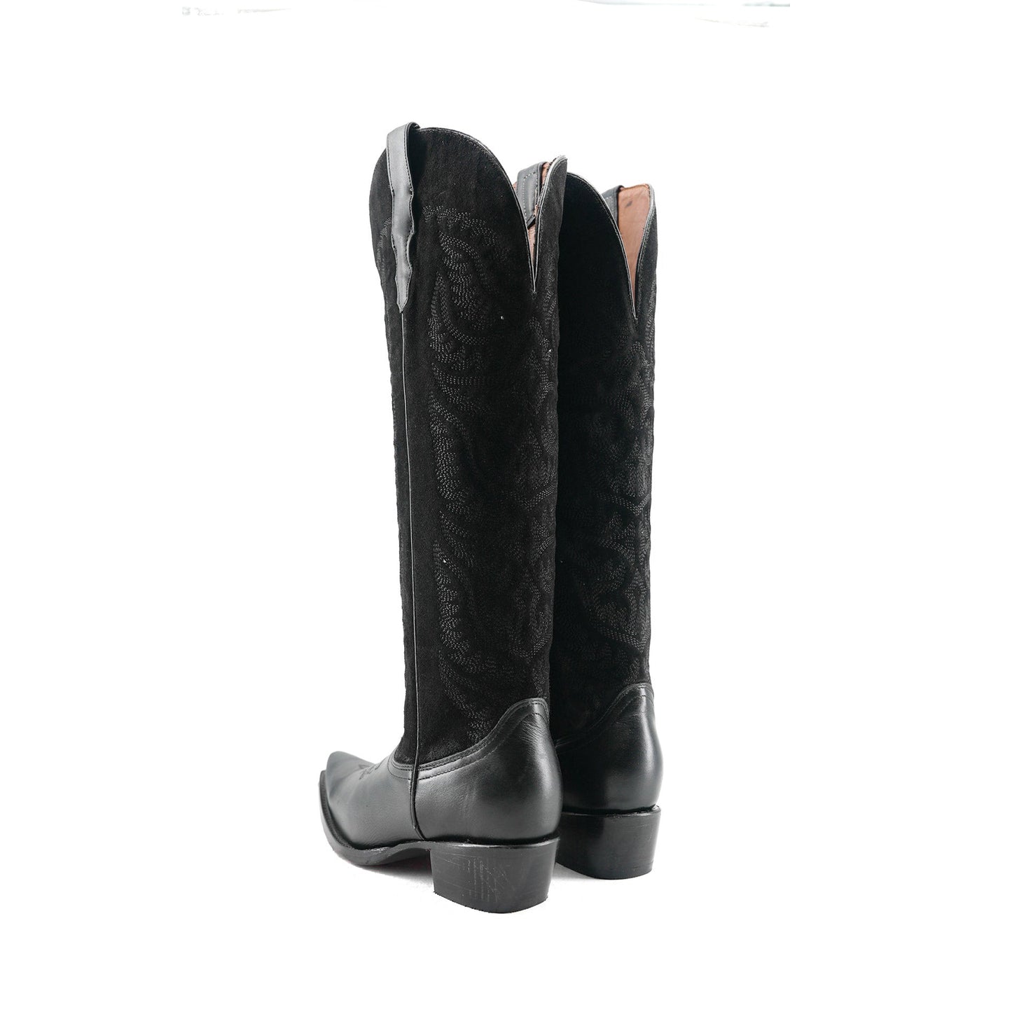 Black Contrast Faux Suede And Vegan Leather Snip-Toe Embroidery Half-Zip Knee High Cowgirl Boots