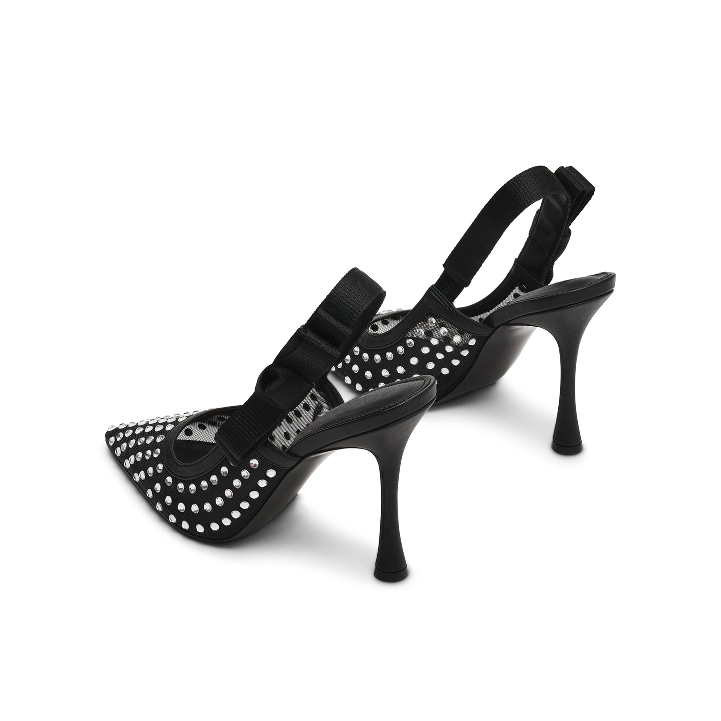 Black Mesh Rhinestones Pointed-Toe Slingback With Bow High Heels Pumps