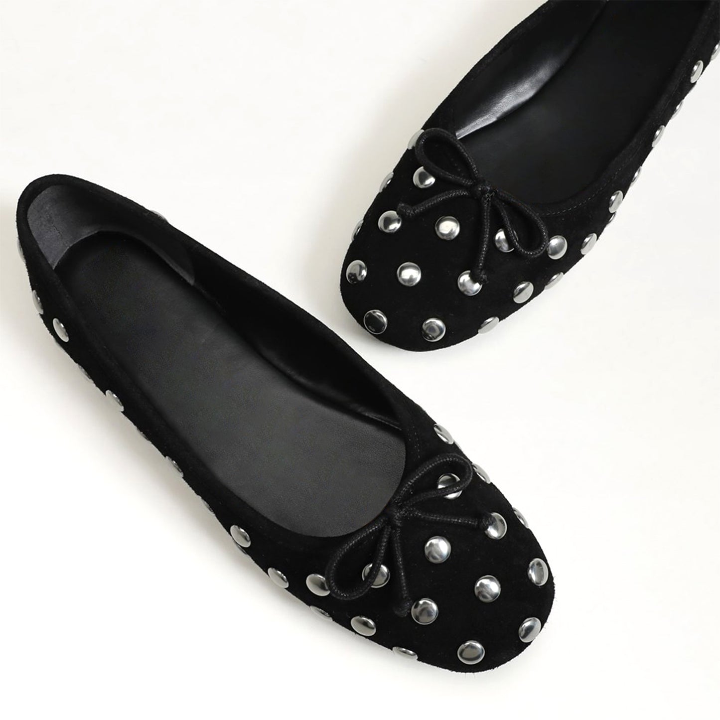 Black Faux Suede Square-Toe Studded Slip-On Flats