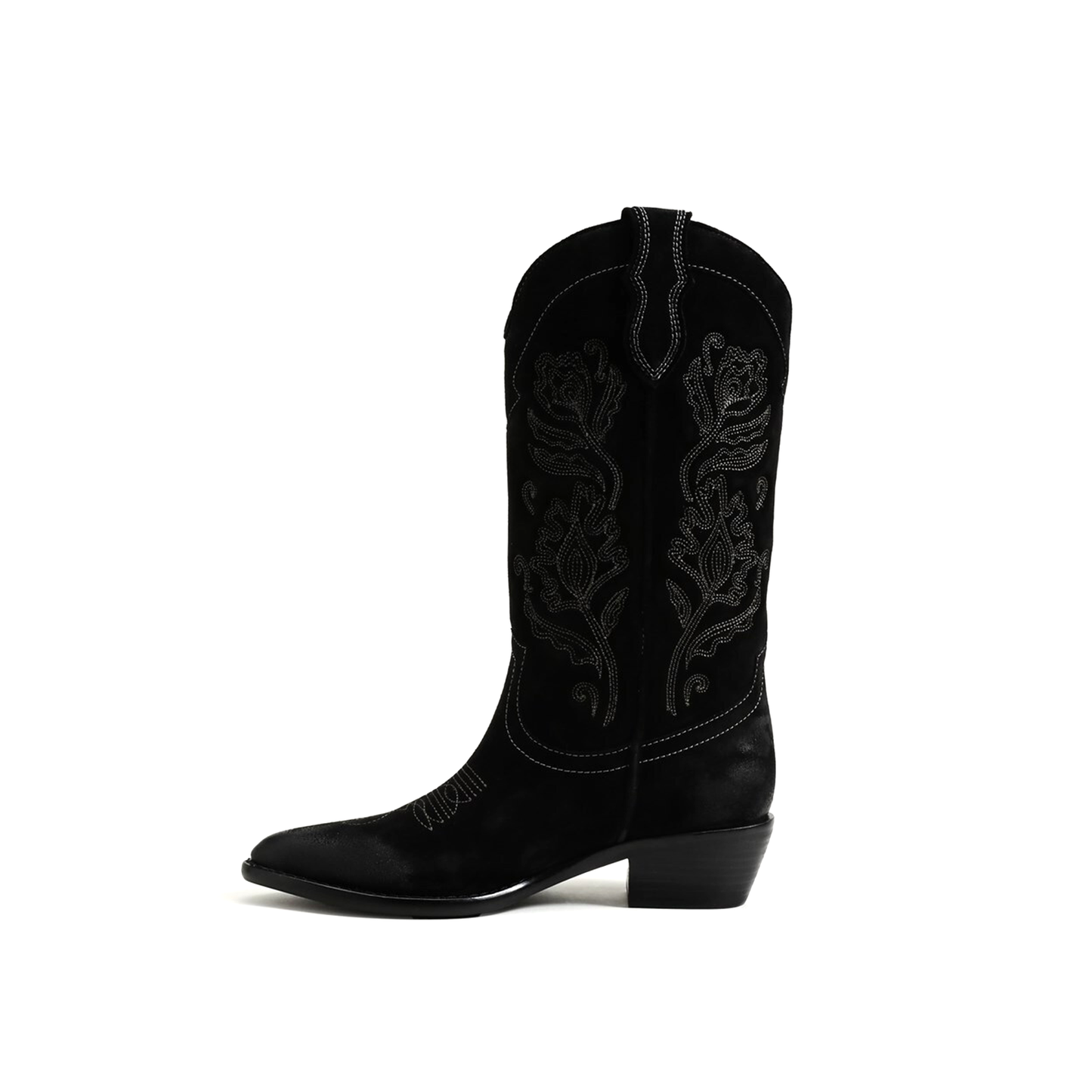 Black Faux Suede Almond-Toe Flowers Embroidery Mid Calf Cowgirl Boots