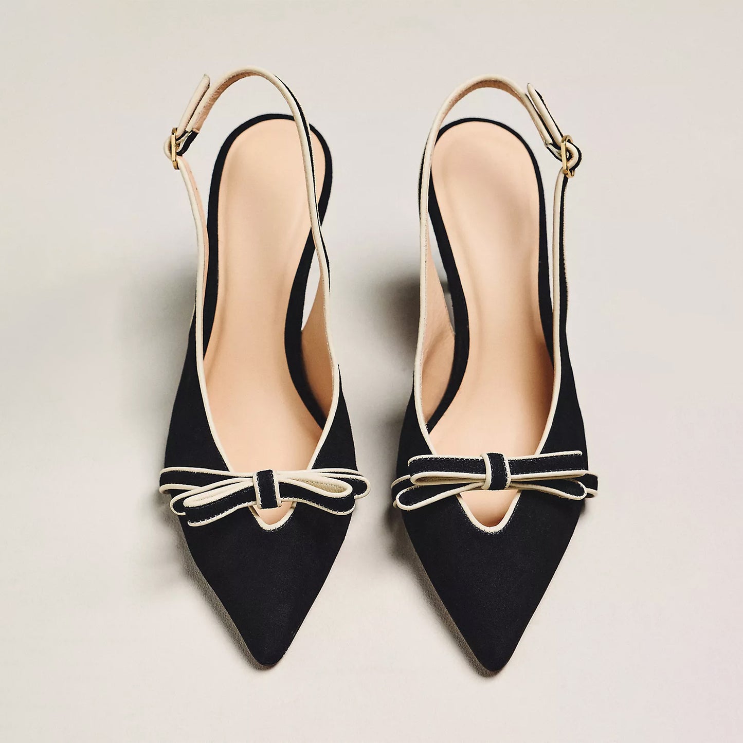 Black Suede Pointed-Toe Front Bow Slingback Ankle Strap Kitten Heels