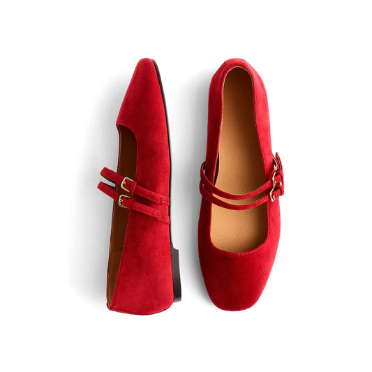 Red Faux Suede Square-Toe Double Buckle Bridge Strap Flats
