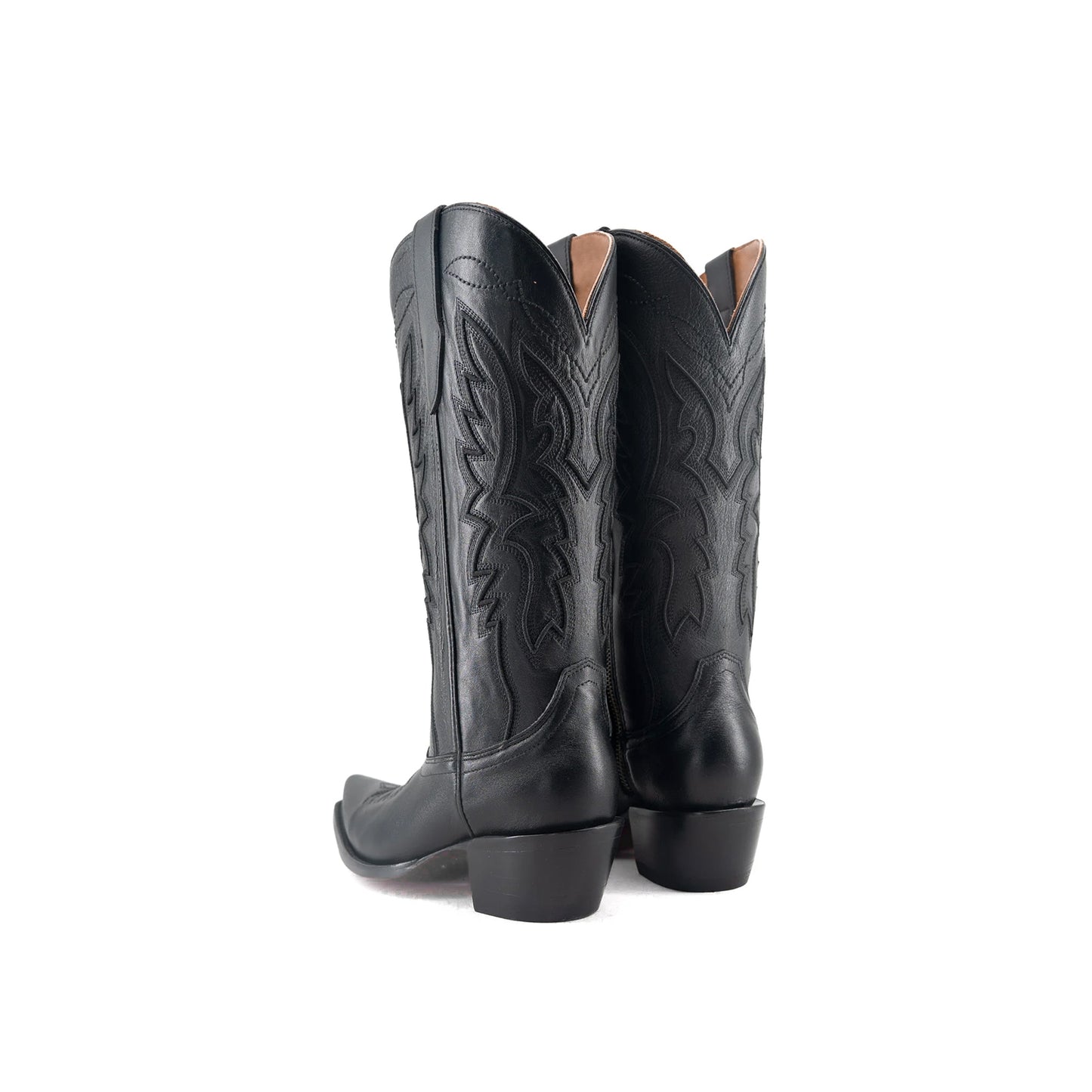 Black Snip-Toe Half-Zip Embroidery Mid Calf Cowgirl Boots