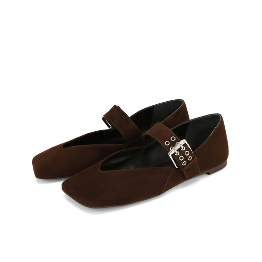 Brown Faux Suede Square-Toe Bridge Strap With Double Eyelets Flats