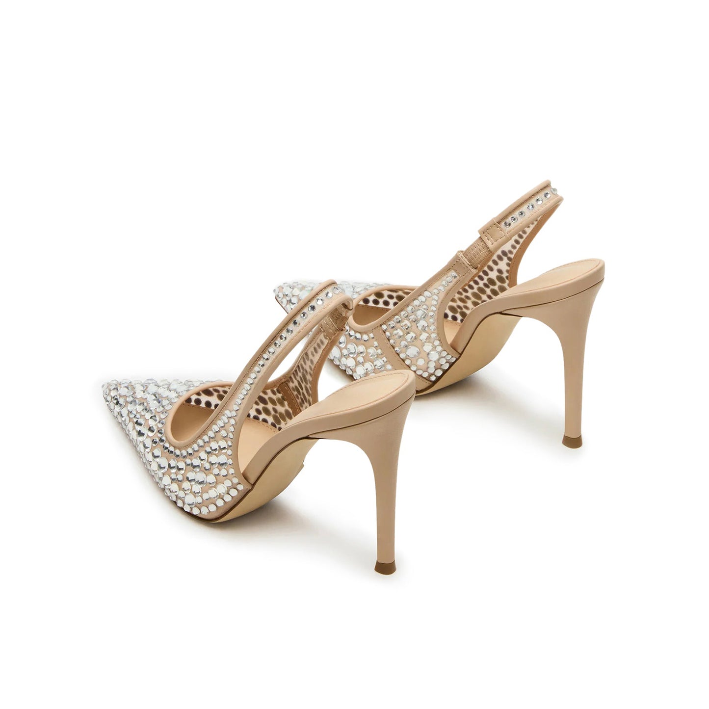 Nude Mesh With Rhinestones Pointed-Toe Slingback High Heels Pumps