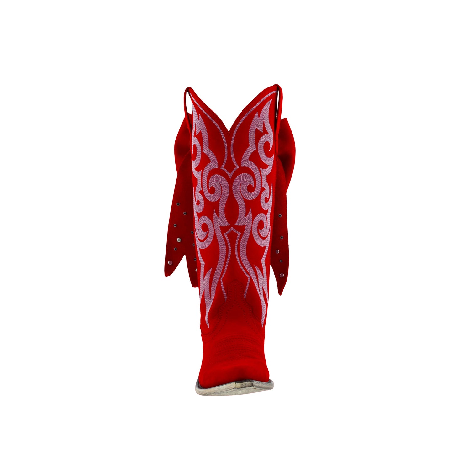 Red Pointed-Toe Embroidery Back Studded Bow Mid Calf Cowgirl Boots