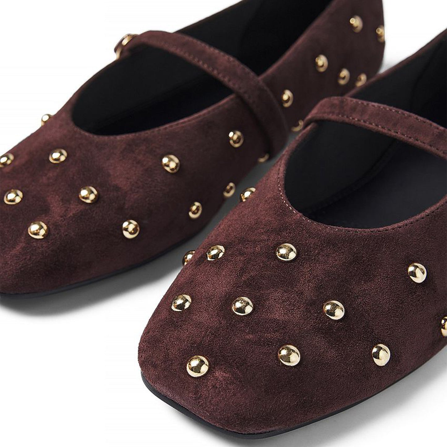 Brown Faux Suede Square-Toe Studs And Mary Jane Ballet Flats