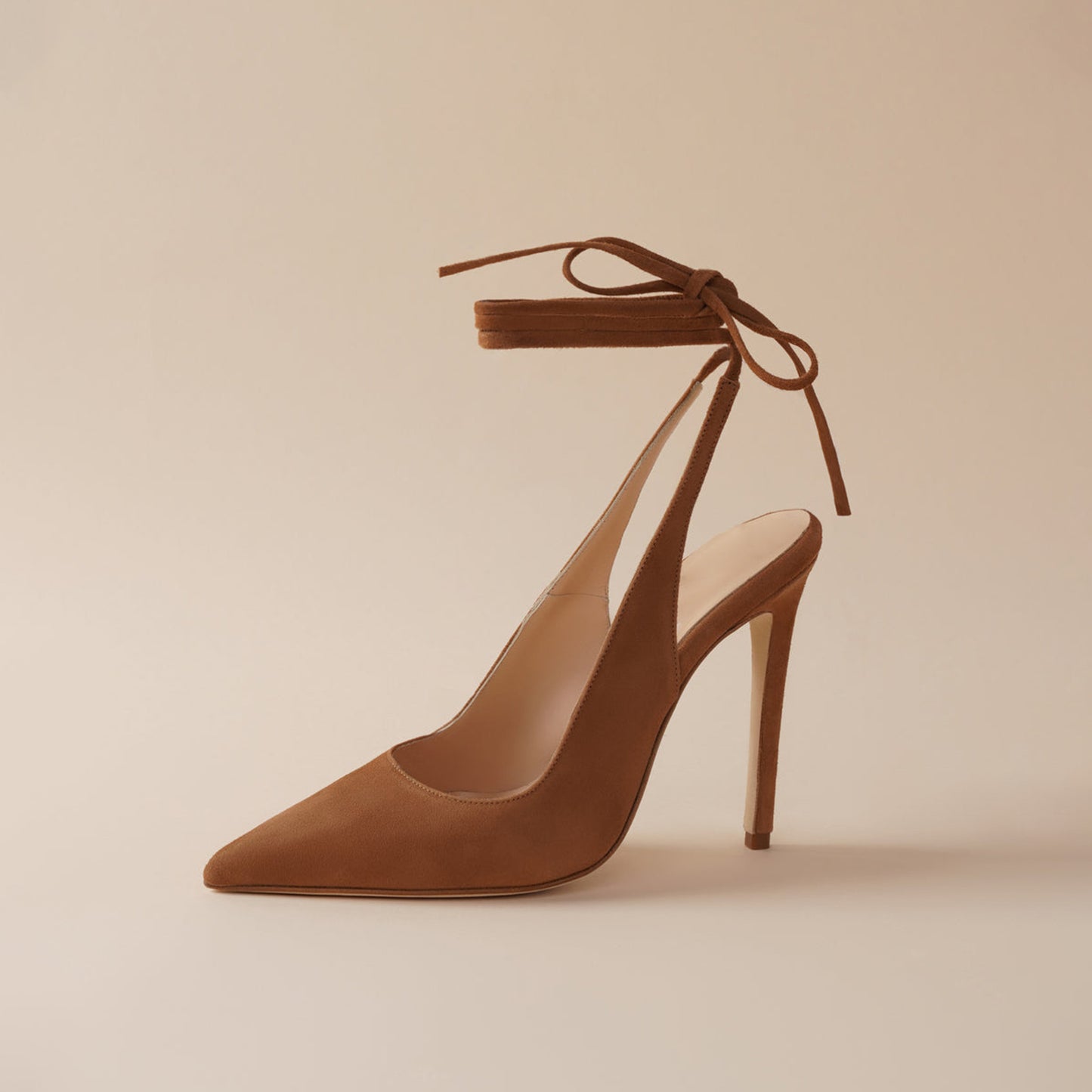 Brown Faux Suede Pointed-Toe Slingback Ankle Laces High Heels