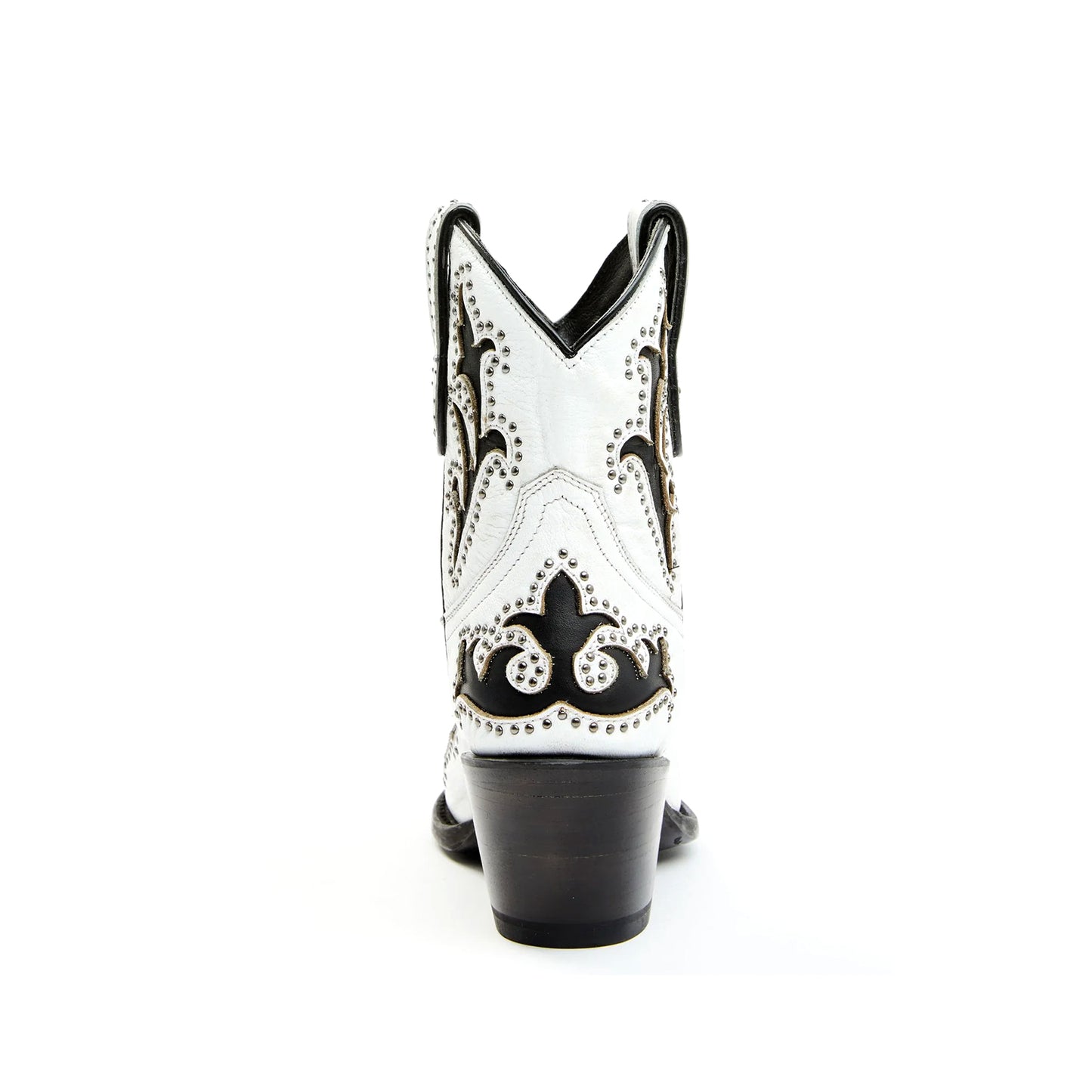 White Almond-Toe Black Inlay Studded Ankle Cowgirl Boots