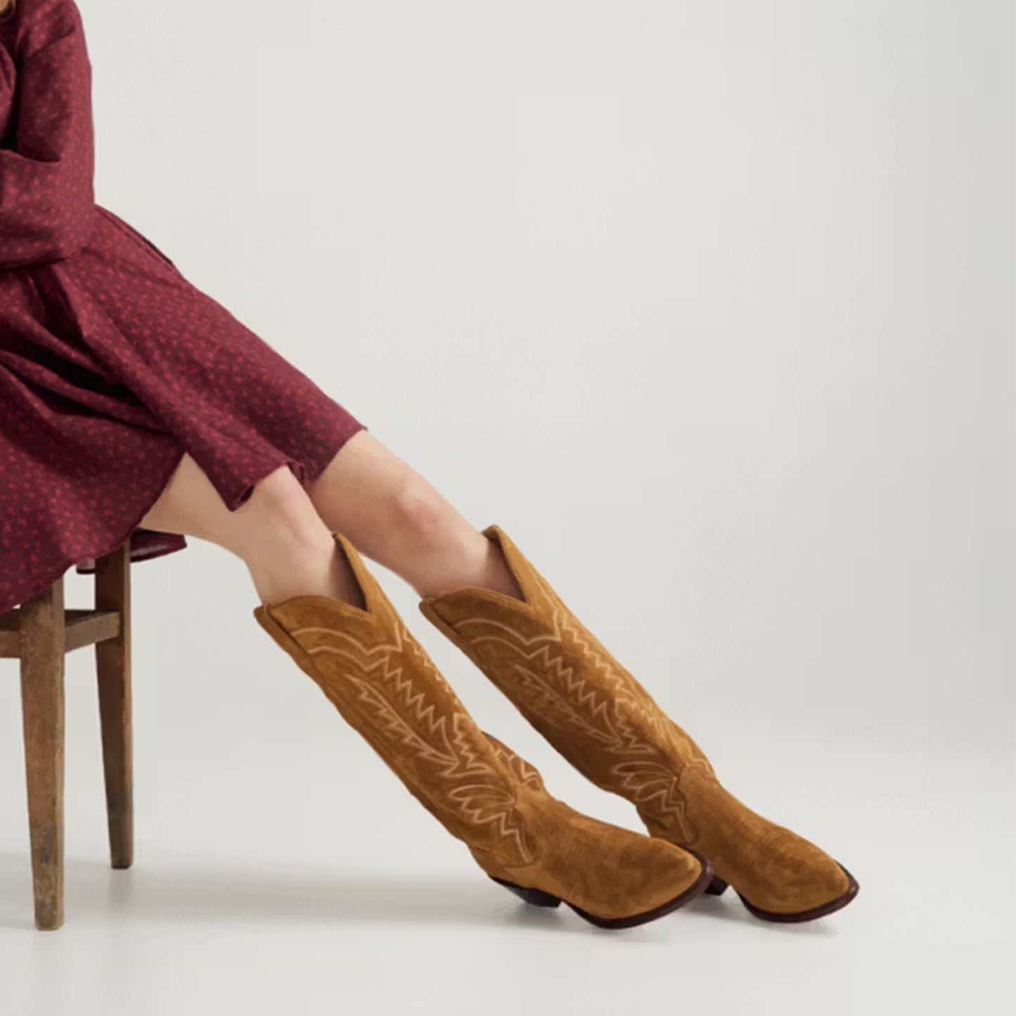 Brown Faux Suede Almond-Toe Embroidery Wide Calf Knee High Cowgirl Boots