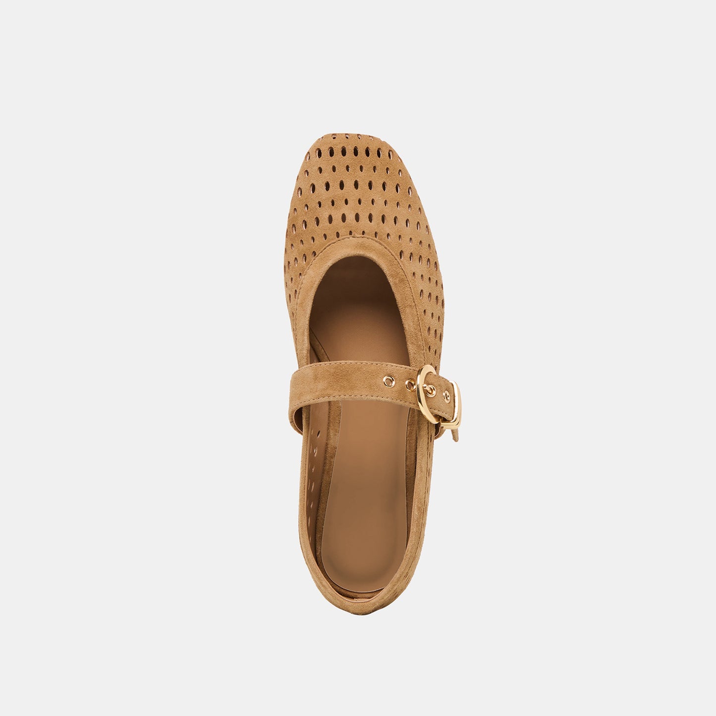 Brown Perforated Faux Suede Square-Toe Mary Janes Ballet Flats
