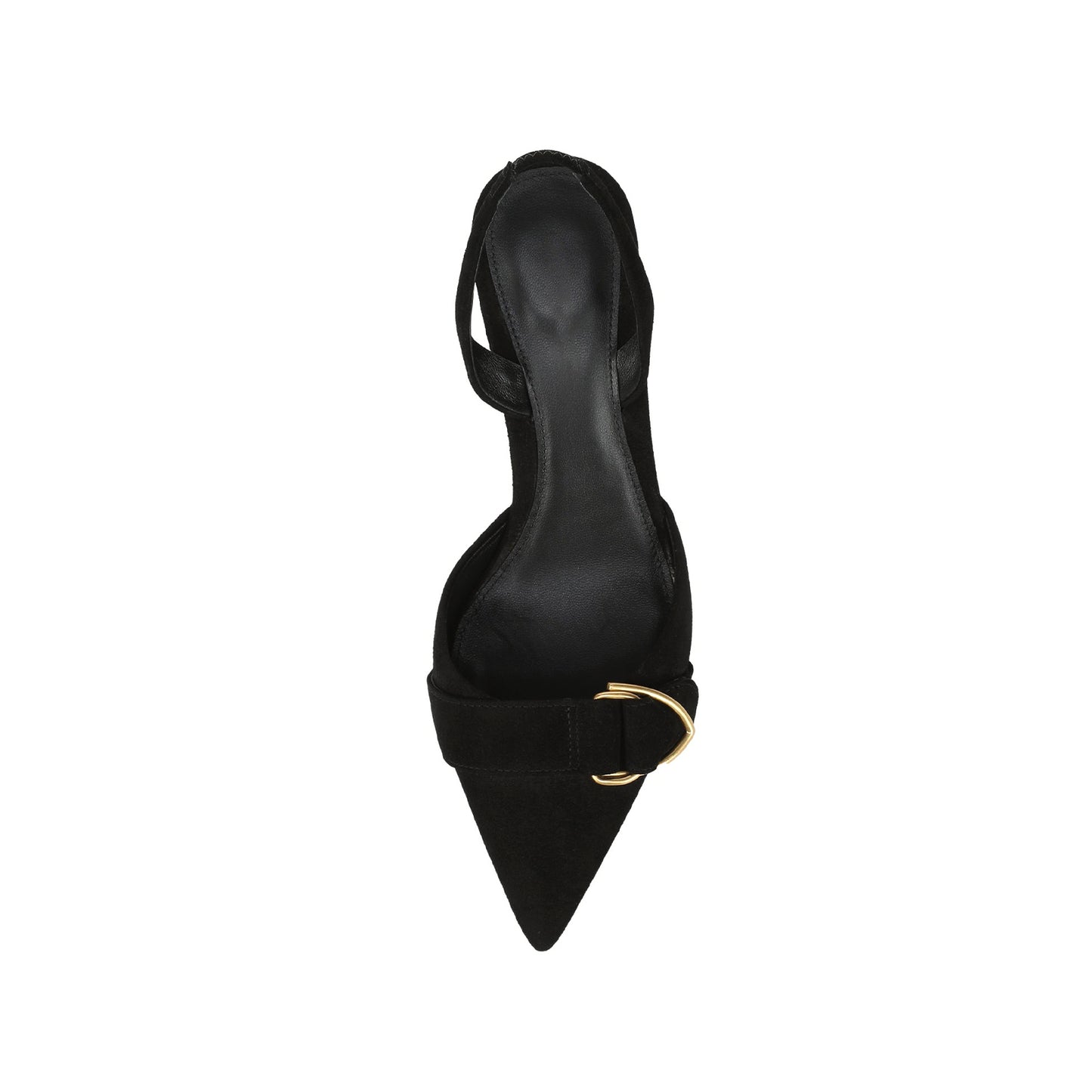 Black Faux Suede Pointed-Toe Front Gold D-Ring Strap Slingback Kitten Heels