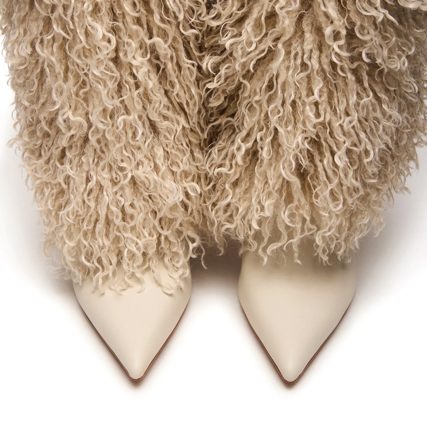 Beige Pointed-Toe Full Plush Wide Calf Knee High Stiletto Boots