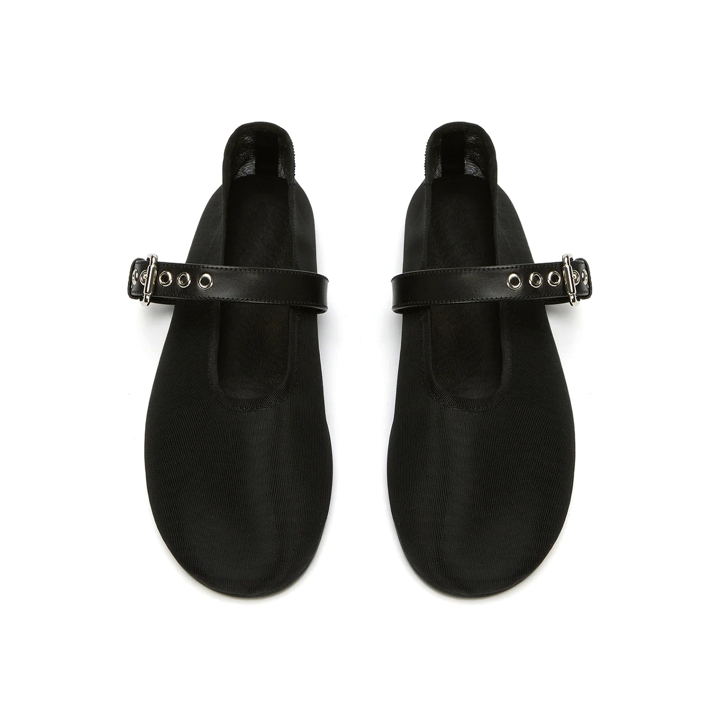 Black Mesh Round-Toe Ballet Flats With Bridge Strap