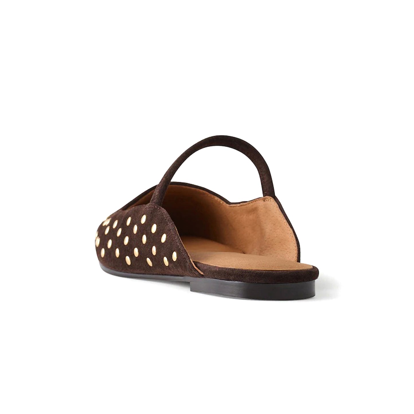 Dark Brown Faux Suede Square-Toe Bridge Strap Studded Slip-On Flats