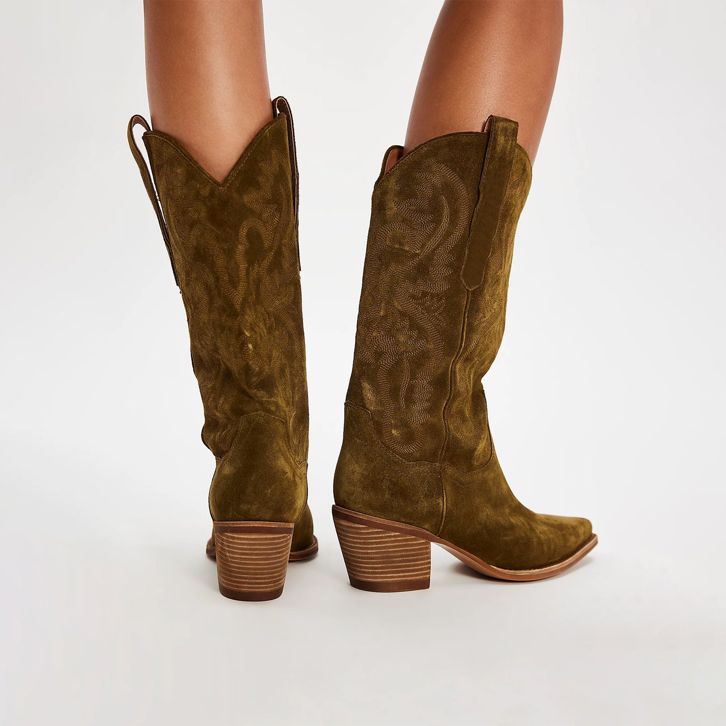 Khaki Faux Suede Snip-Toe Classic Embroidery Mid Calf Cowgirl Boots
