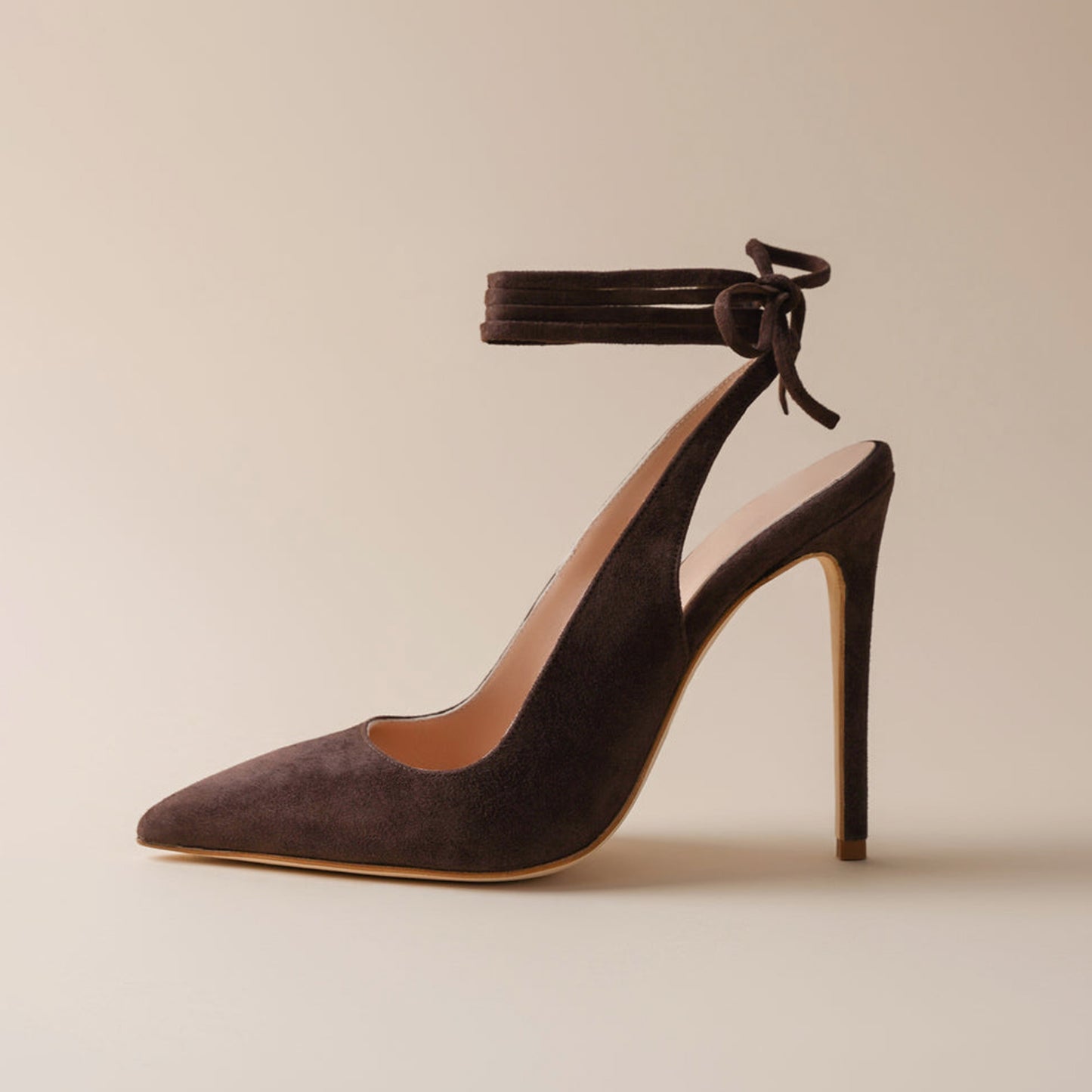 Black Faux Suede Pointed-Toe Slingback Ankle Laces High Heels