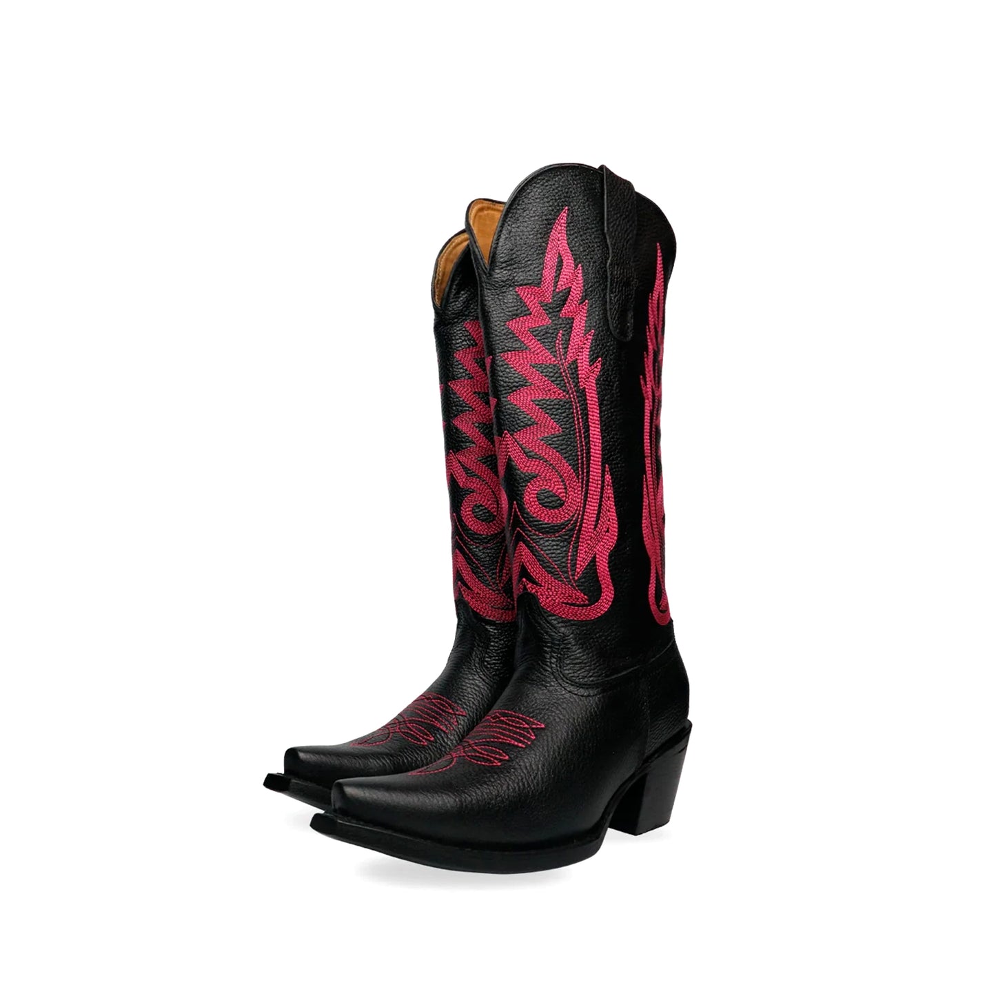 Black Snip-Toe Red Embroidery Mid Calf Cowgirl Boots