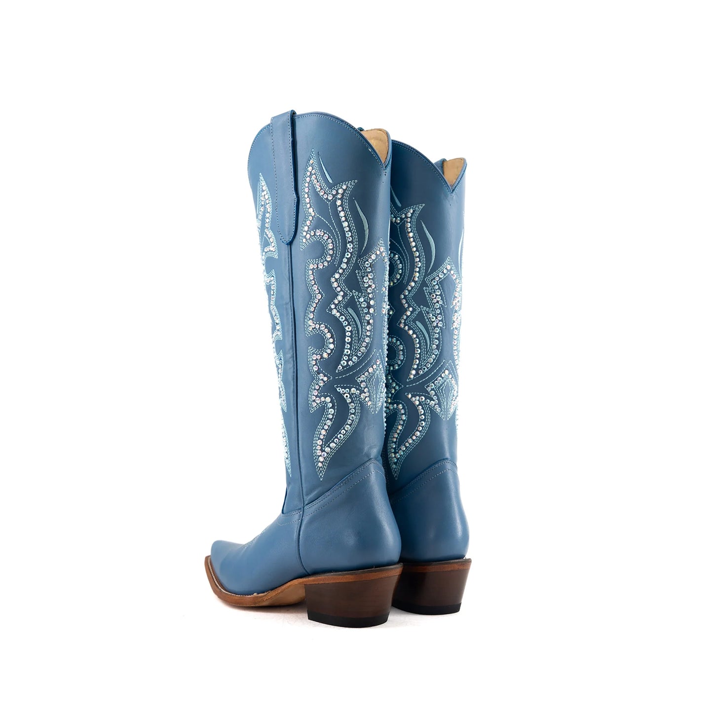 Blue Snip-Toe Rhinestone And Embroidery Half-Zip Knee High Cowgirl Boots