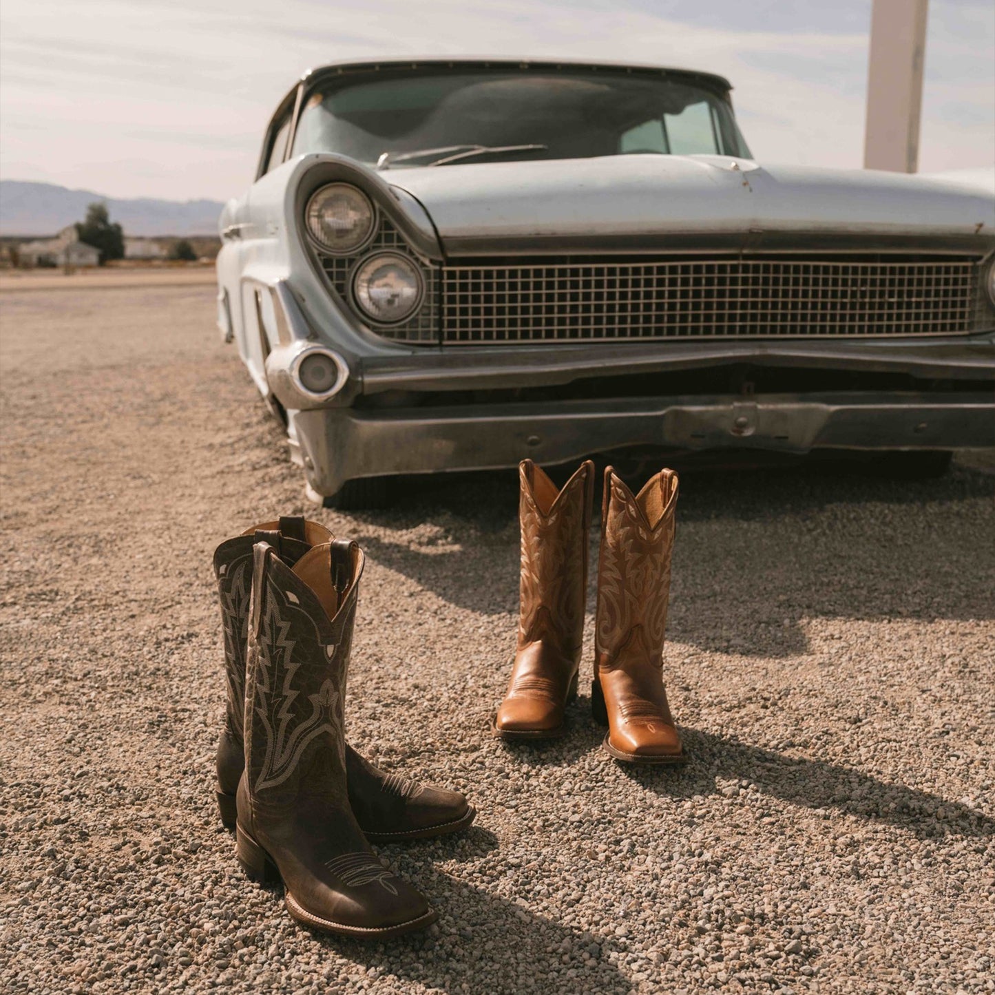Distressed Tan Square-Toe Embroidery Mid Calf Cowgirl Boots