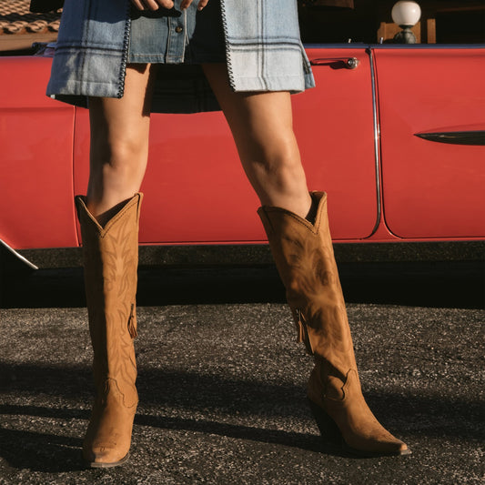 Tan Snip-Toe Embroidery Half-Zip Knee High Tall Cowgirl Boots