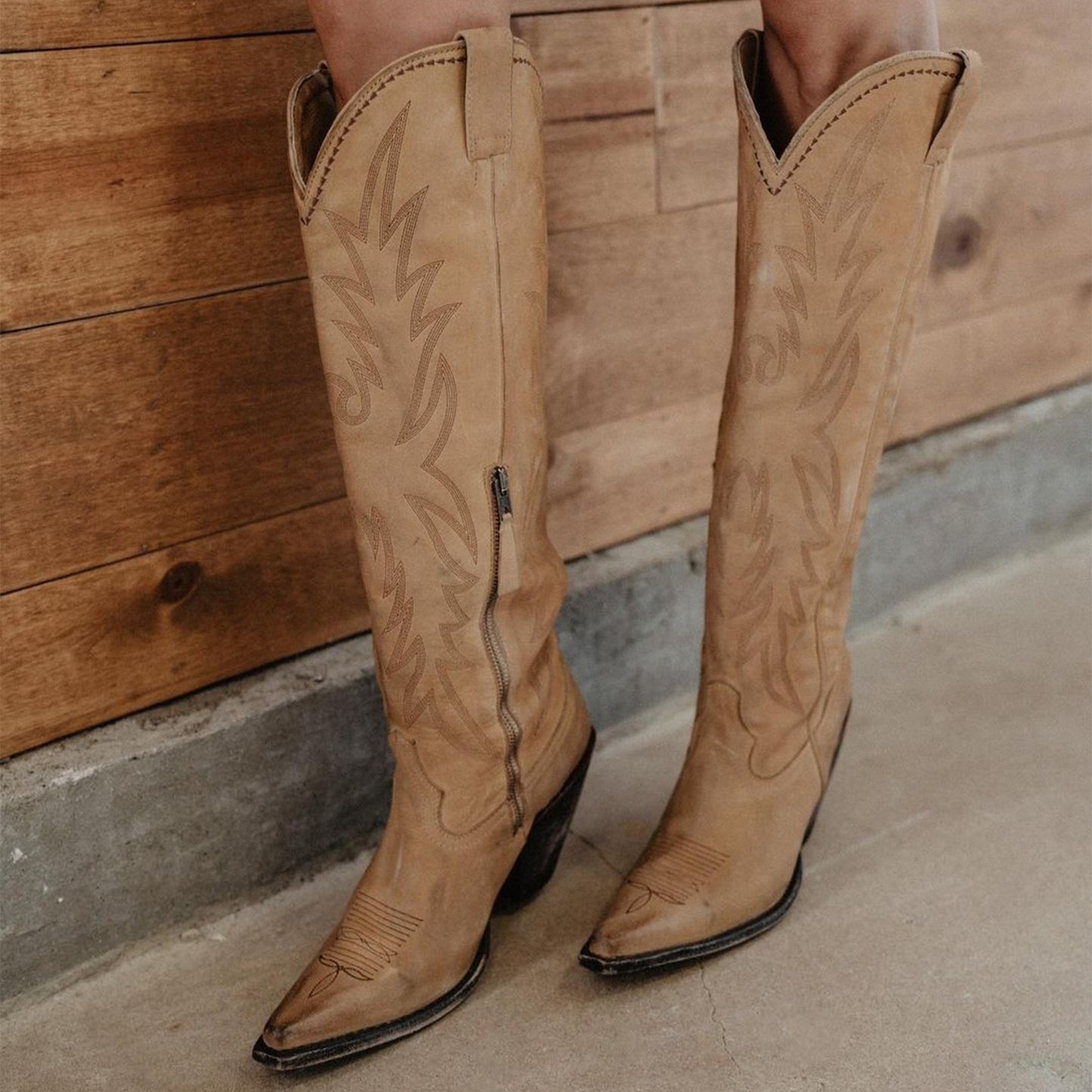 Tan Snip-Toe Embroidery Half-Zip Knee High Tall Cowgirl Boots