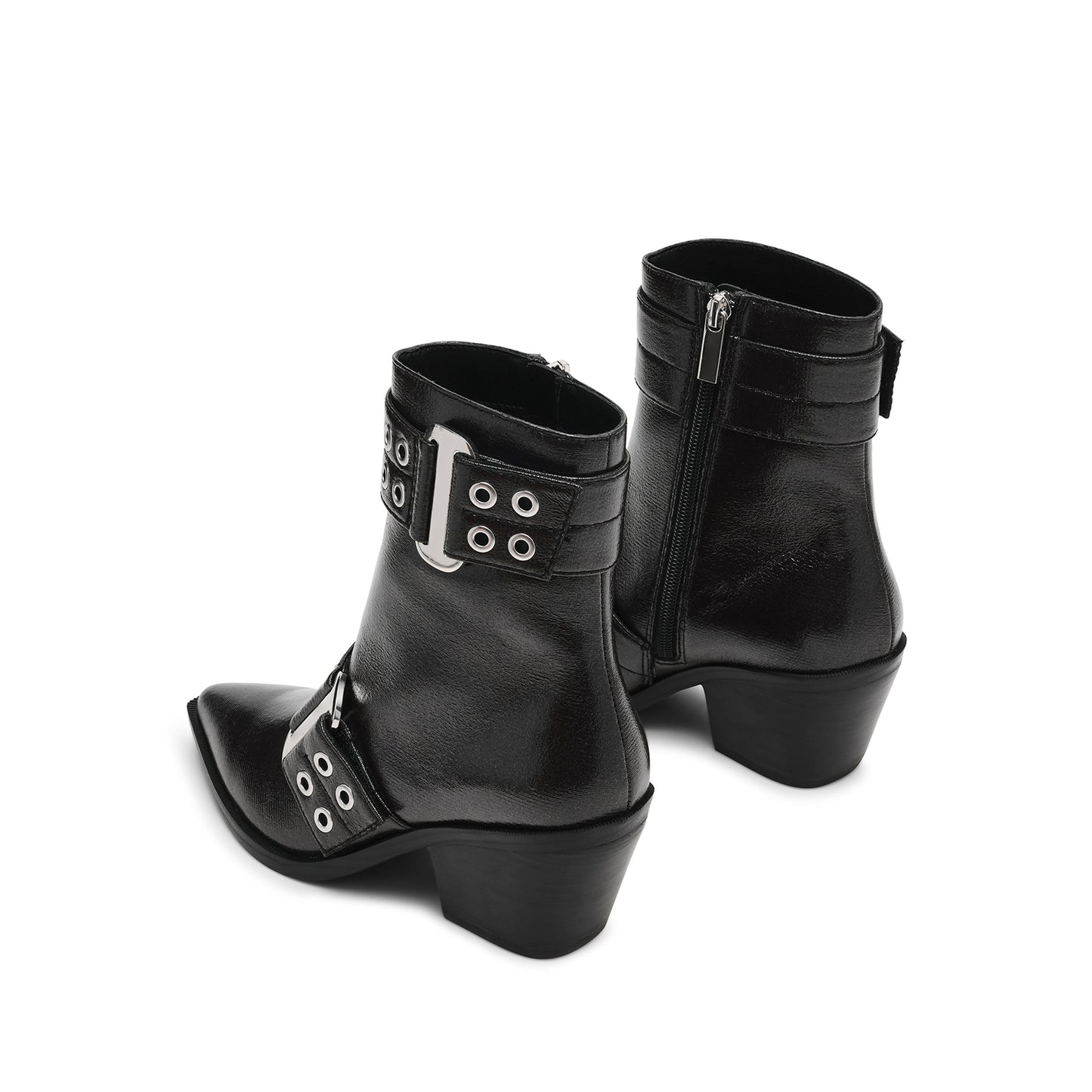 Black Pointed-Toe Full-Zip Buckle Straps With Eyelets Ankle Cowgirl Boots