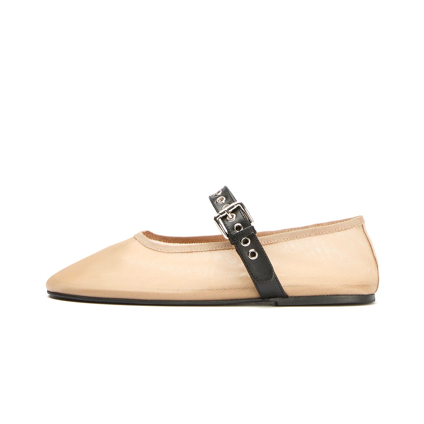 Nude Mesh Round-Toe Ballet Flats With Bridge Strap