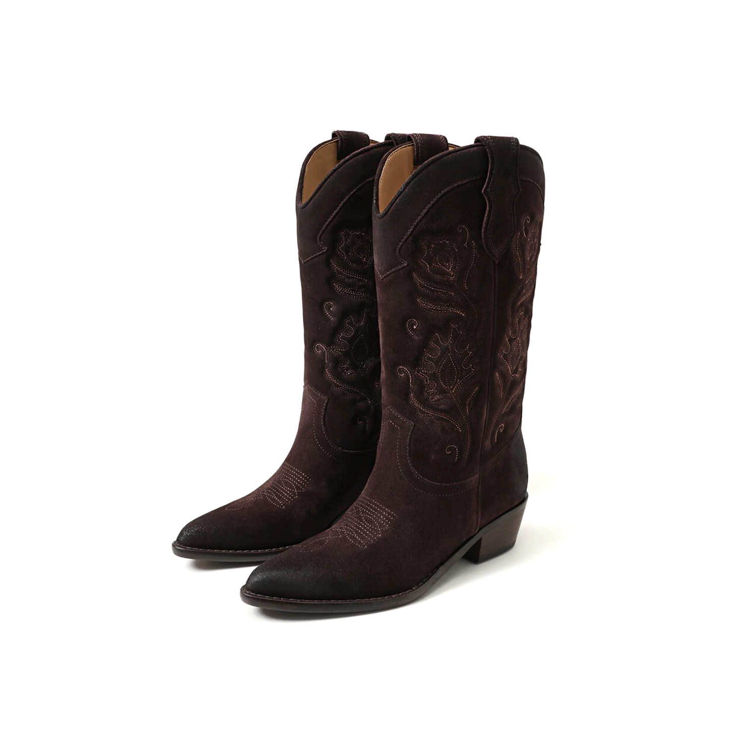 Coffee Faux Suede Almond-Toe Flowers Embroidery Mid Calf Cowgirl Boots