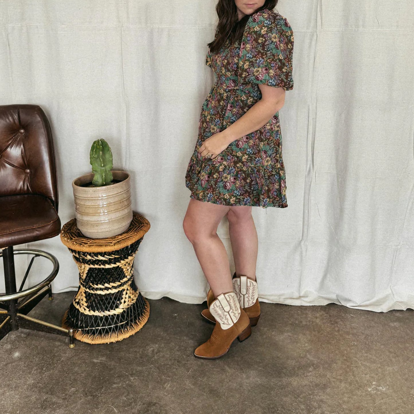 Contrast White And Brown Faux Suede Almond-Toe Embroidery Ankle Cowgirl Boots