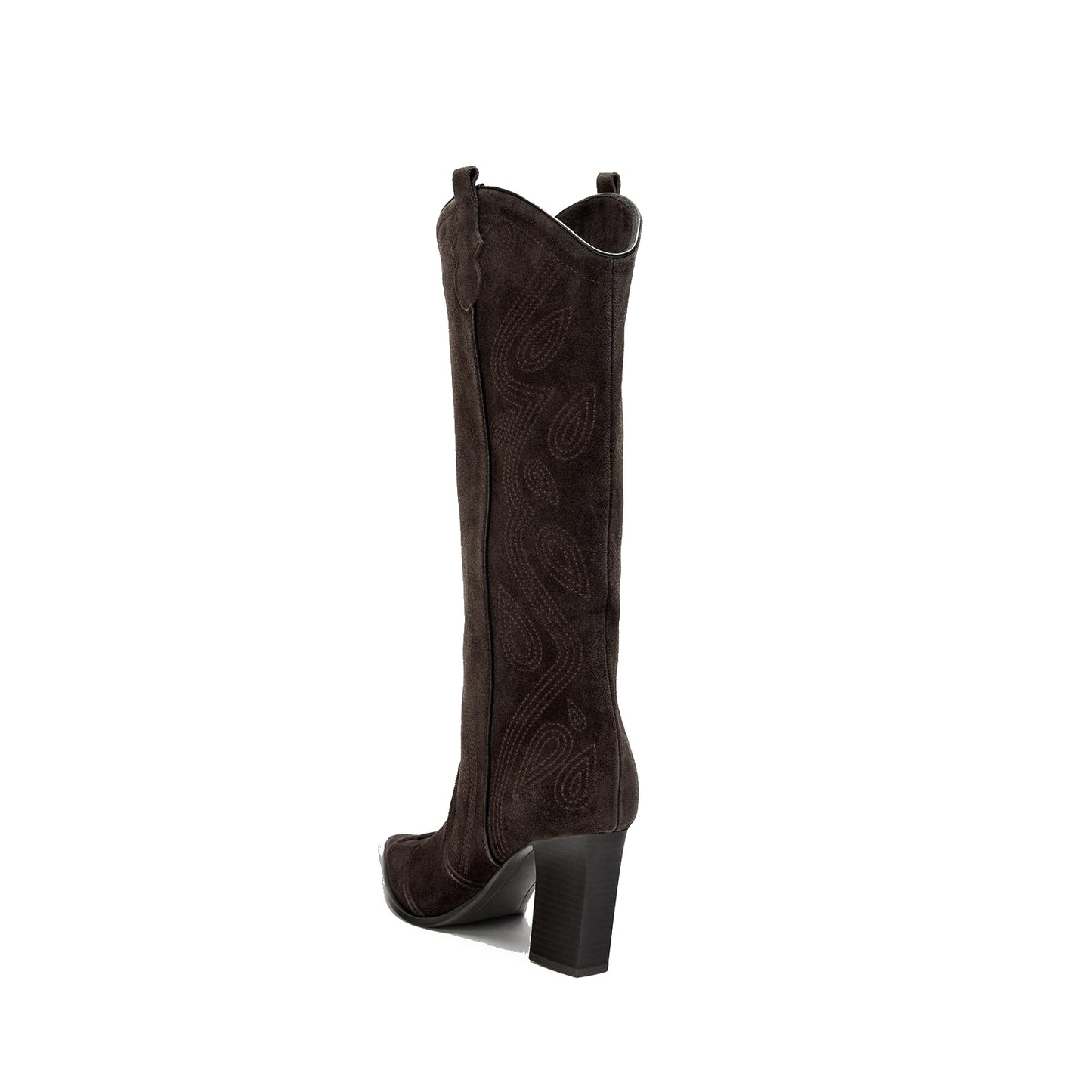 Brown Faux Suede Pointed-Toe Chic Stitch Wide Calf Knee High Cowgirl Boots