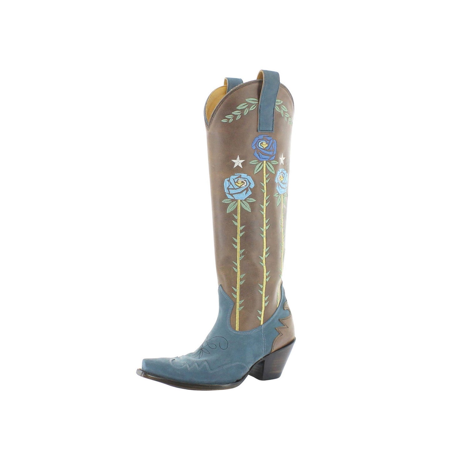 Contrast Green And Blue Snip-Toe Roses Embroidery Full-Zip Knee High Cowgirl Boots
