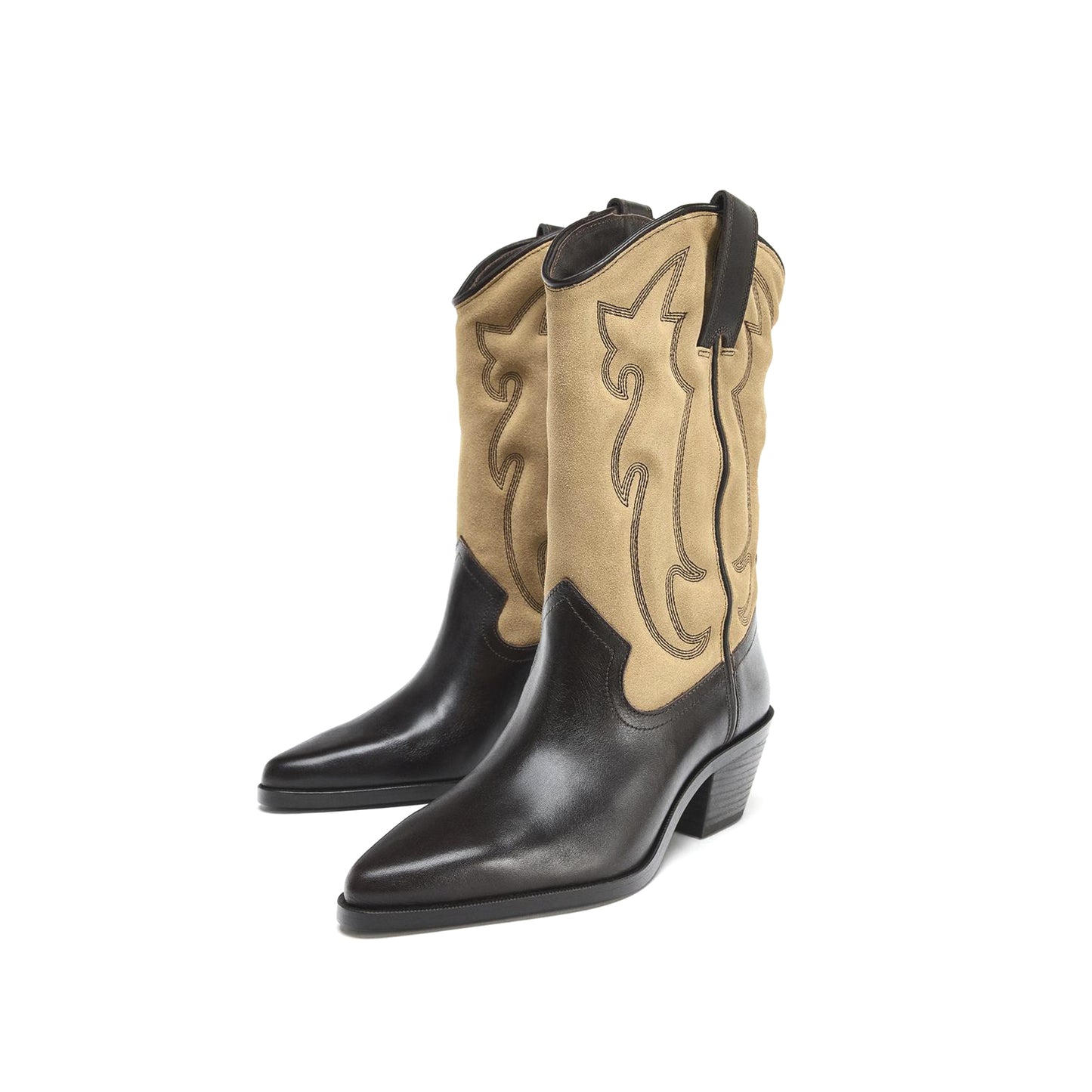 Contrast Tan And Black Pointed-Toe Embroidery Mid Calf Cowgirl Boots