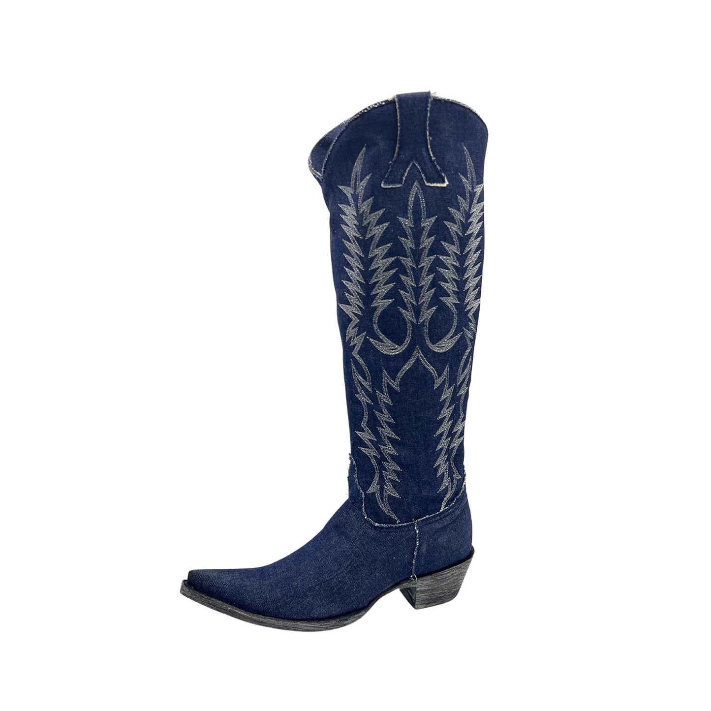 Blue Denim Pointed-Toe Embroidery Half-Zip Knee High Cowgirl Boots