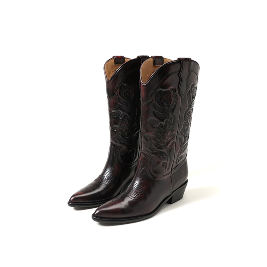 Wine Red Almond-Toe Flowers Embroidery Mid Calf Cowgirl Boots