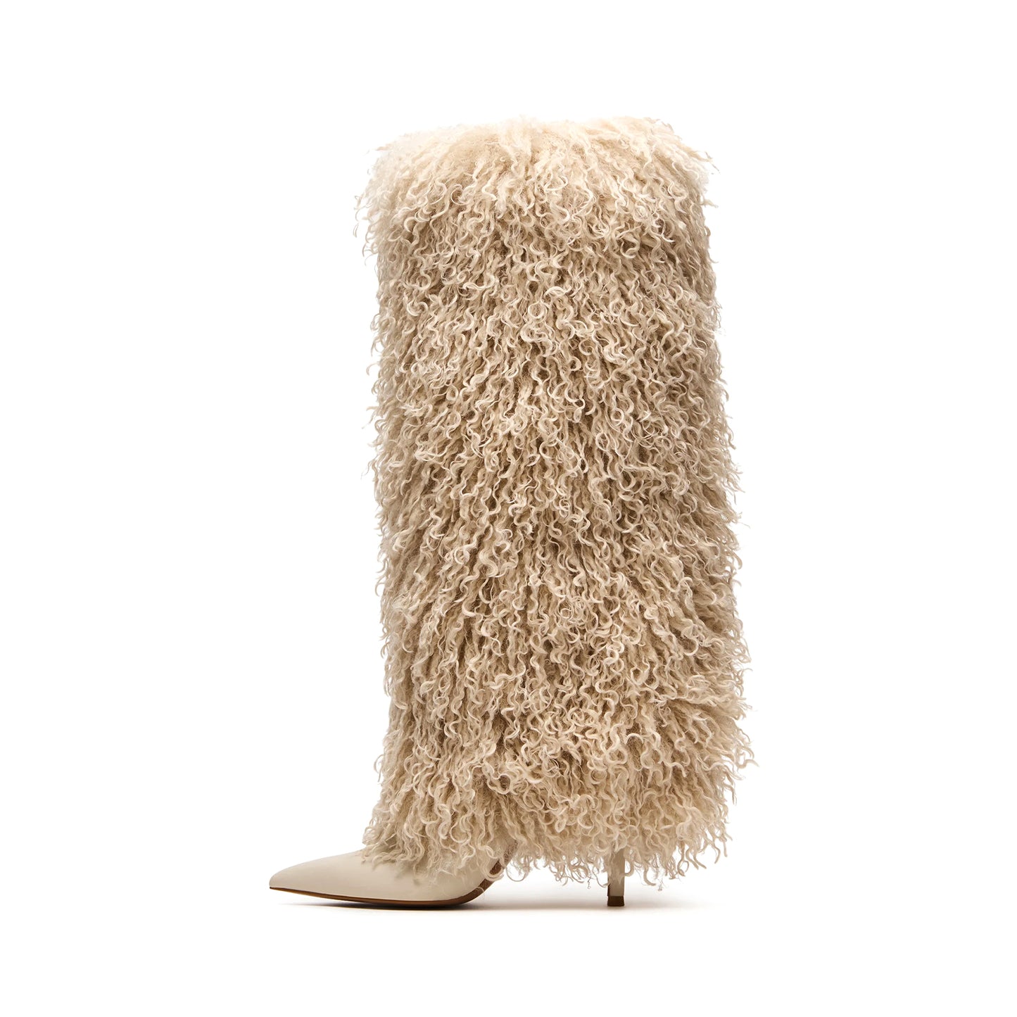 Beige Pointed-Toe Full Plush Wide Calf Knee High Stiletto Boots