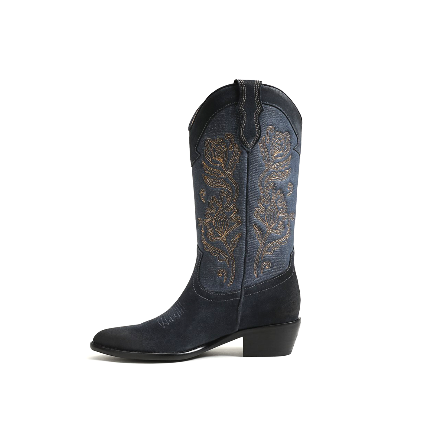 Blue Denim Almond-Toe Flowers Embroidery Mid Calf Cowgirl Boots