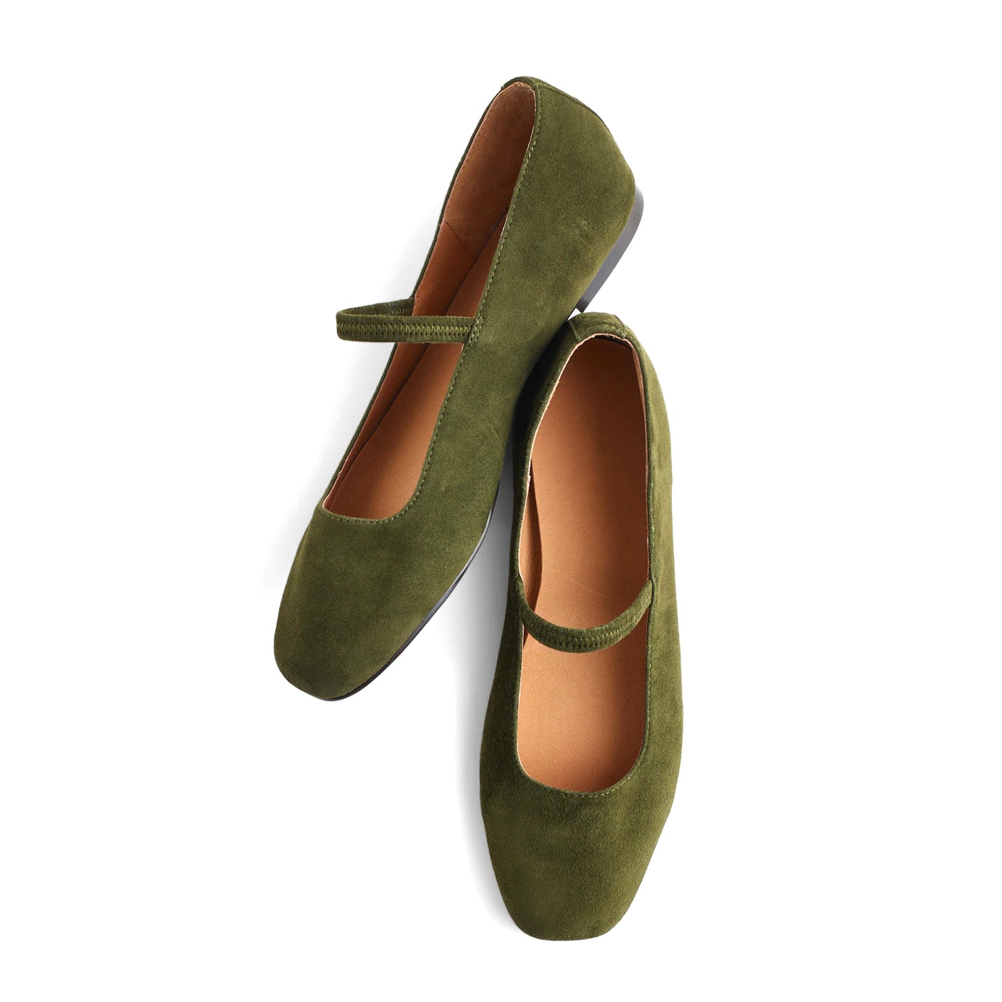 Loden Faux Suede Square-Toe Bridge Strap Slip-On Flats