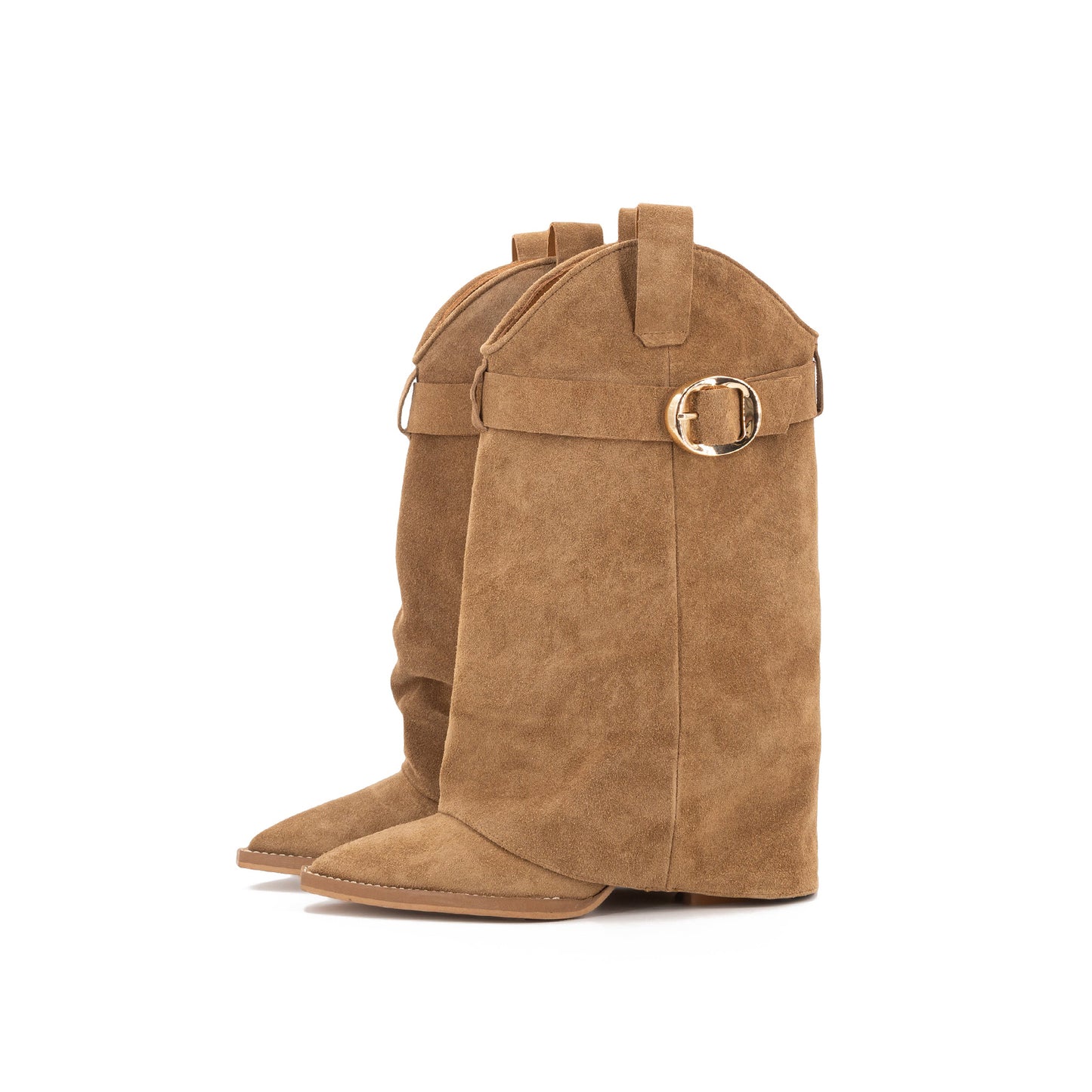 Tan Faux Suede Pointed-Toe Fold-Over Shaft Buckle Mid Calf Cowgirl Boots