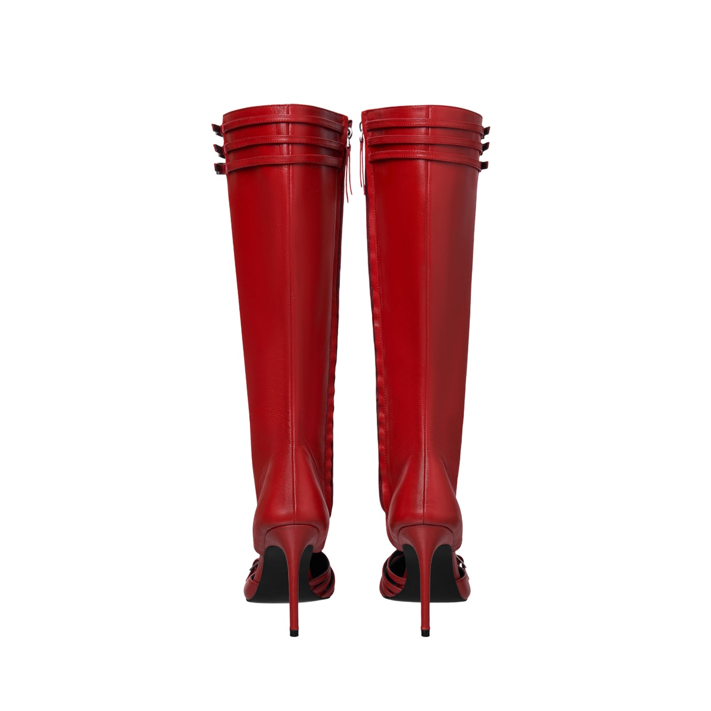 Red Pointed-Toe Buckle Straps Full-Zip Knee High Stiletto Boots