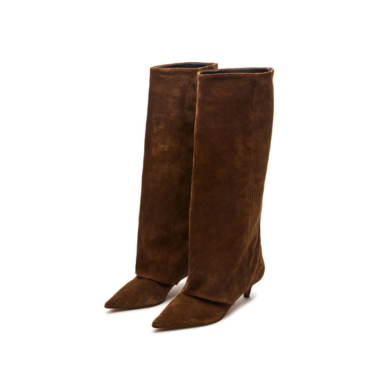 Chestnut Faux Suede Pointed-Toe Fold-Over Wide Calf Knee High Stiletto Boots