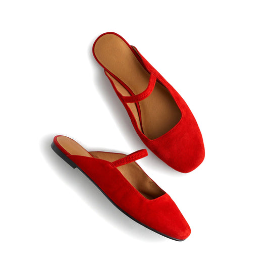 Red Faux Suede Square-Toe Bridge Strap Slip-On Flats