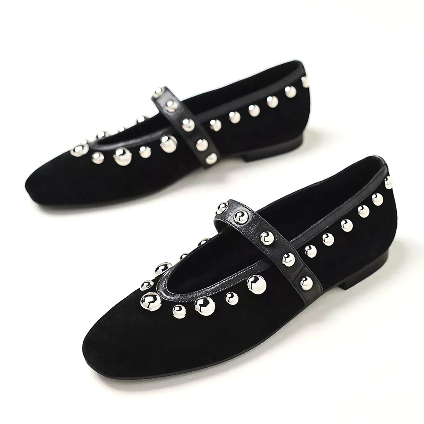 Black Faux Suede Round-Toe Studded Ballet Flats With Bridge Strap