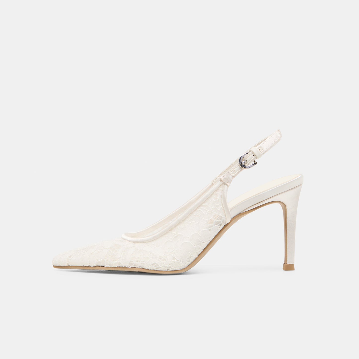 White Lace Mesh Pointed-Toe Satin Slingback Kitten Heels