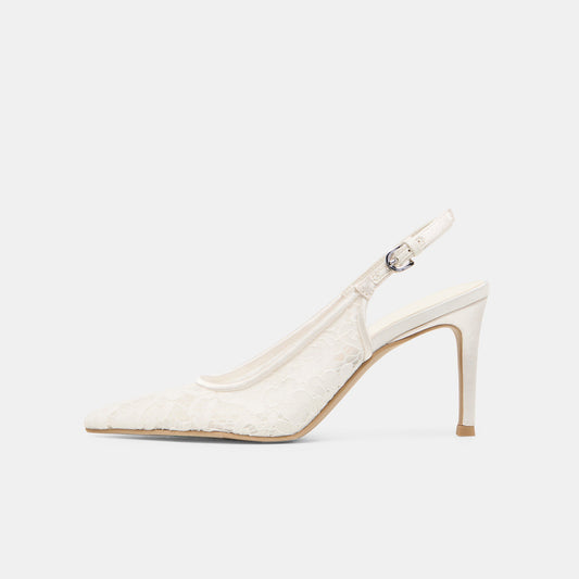 White Lace Mesh Pointed-Toe Satin Slingback Kitten Heels
