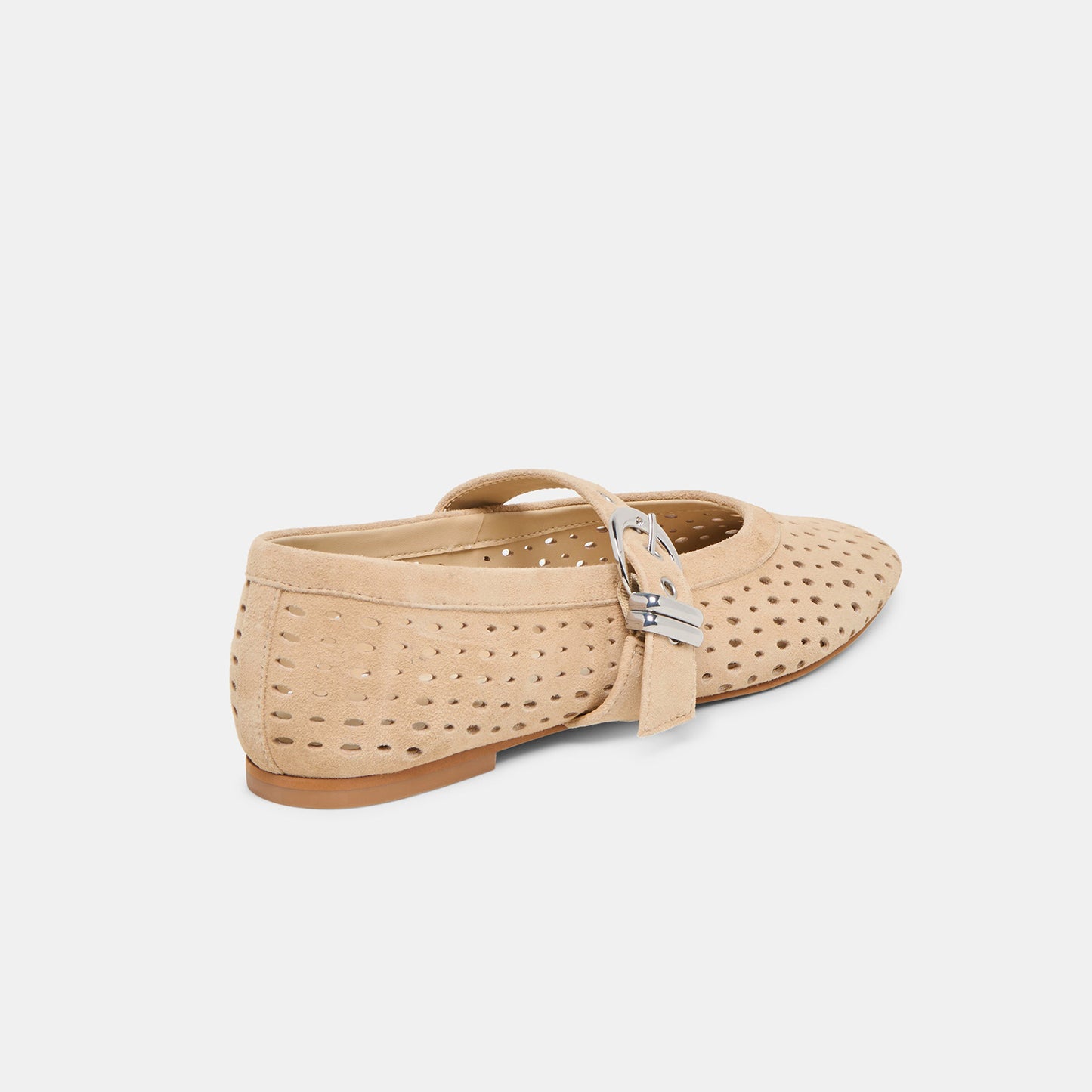Camel Perforated Faux Suede Square-Toe Mary Janes Ballet Flats
